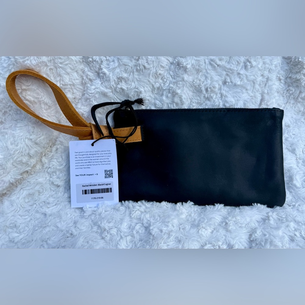NWT Able Rachel Black Leather Wristlet Clutch with Tan Strap - Picture 2 of 6